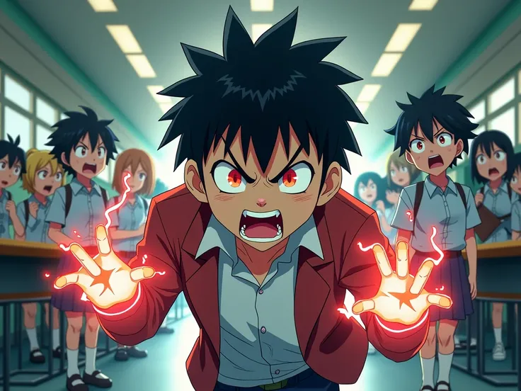 Japanese anime style , A angry boy with magical powers frightens everyone around him at school