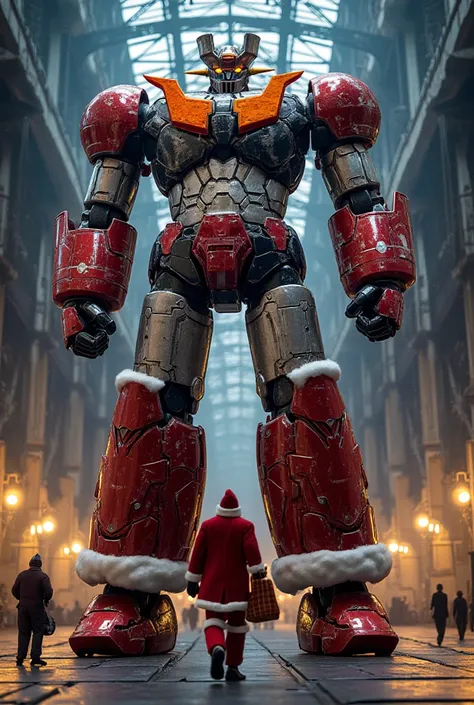 At a height of 38 meters, the 、 standing in a shortened position 、 Very realistic Mazinger Z walks in Santas costume。The surrounding area is decorated for Christmas and the lights are amazing 。 eventually 、steel、 Carbon Fiber 、 and is made of modern materi...