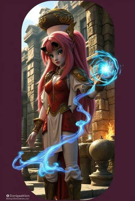 Imagine a beautiful woman with long straight neon pink hair with white skin with neon green eyes with a sculptural body wearing light red and white steampunk armor with ornaments wearing a Victorian top hat with brass bronze glasses on her head energizing ...