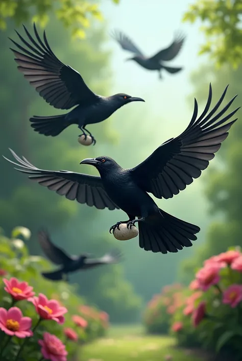 Make a picture in which crow are flying through the garden with a small pebble in your mouth