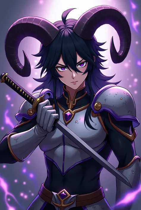 Of course, Heres a description : " 30-year-old male character ,  anime-style similar to Genshin Impact .  long hair,  dark and slightly messy .  Dark eyes with an intense look .  Wear light armor with metallic details ,  purple and black touches .  It has ...