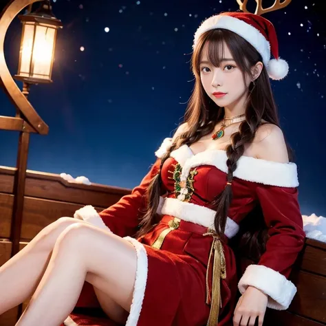 highest quality，masterpiece，Ultra-high resolution, Very detailed, 8k,Femele Japanese 20-22Years-old girl,She is riding in a sleigh pulled by reindeer.,Christmas costume,
