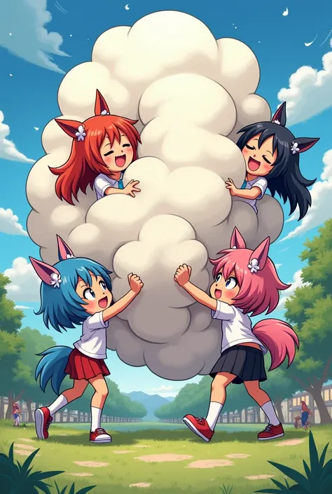 An anime-style art depicting many animal-girls playfully wrestling with each other inside a park comical fight cloud.
each animal-girl has different colored hair.
their faces,hands,and feet are visible emerging from the cloud as they tussle humorously,  wi...