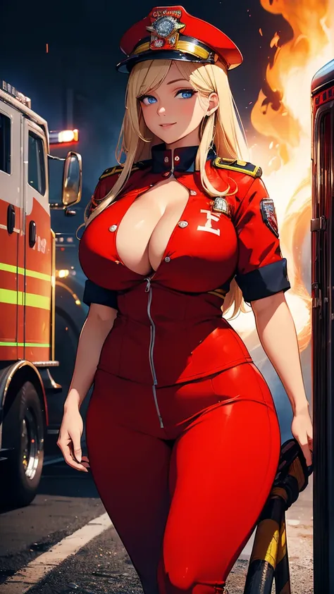 woman, firefighter, sexy body, curvy body, big breasts, cleavage, blue eyes, long straight blond hair, big hip, ((firefighter uniform, firefighter gears, firefighter)), smiling, beautiful face, detailed face, very detailed, beautiful eyes, full body, full ...