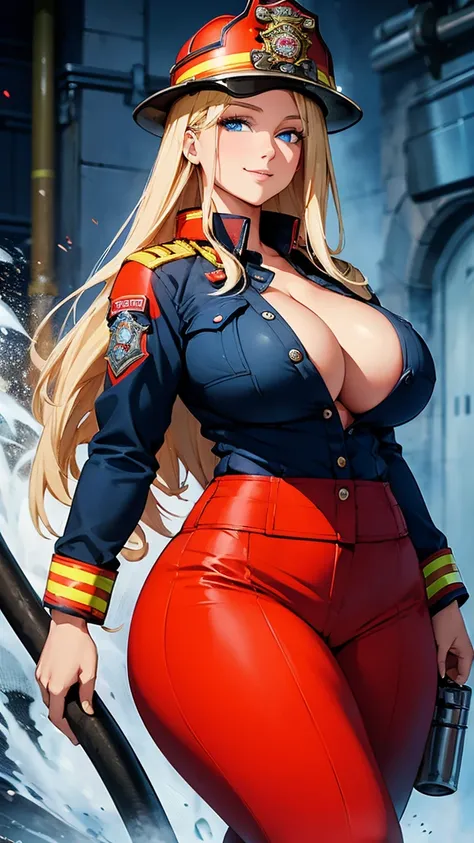 woman, firefighter, sexy body, curvy body, big breasts, cleavage, blue eyes, long straight blond hair, big hip, ((firefighter uniform, firefighter gears, firefighter)), smiling, beautiful face, detailed face, very detailed, beautiful eyes, full body, full ...