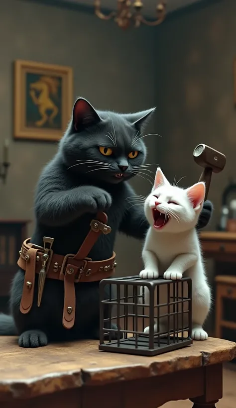 In cinematic 3D style ,HD image, realistic image, colourful image. 


Character, black cat wearing There is a belt tied around the waist that has a lot of tools in it.
action,There is an old house. There is a big wooden table in the house. There is an iron...