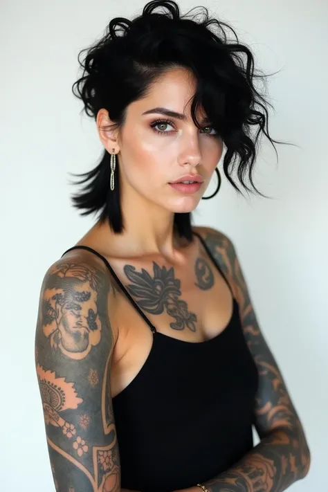  Professional photography Tattooed woman, white pele,  black hair curly short mullet cut , She wears black tank top , Model Pose, In white setting 