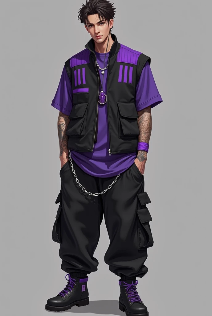 create an outfit with black/gray pants with slightly baggy pockets and a purple chain and a purple/black bottom shirt with a vest with purple stripes on top that form a design (mens outfit) 