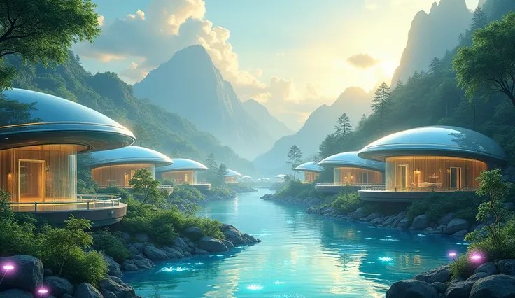 A futuristic, utopian power spot set in a serene, natural landscape, blending elements of both advanced technology and nature. Inspired by the soft watercolor style of Chihiro Iwasaki and the enchanting world of Studio Ghibli, the scene depicts an idyllic,...