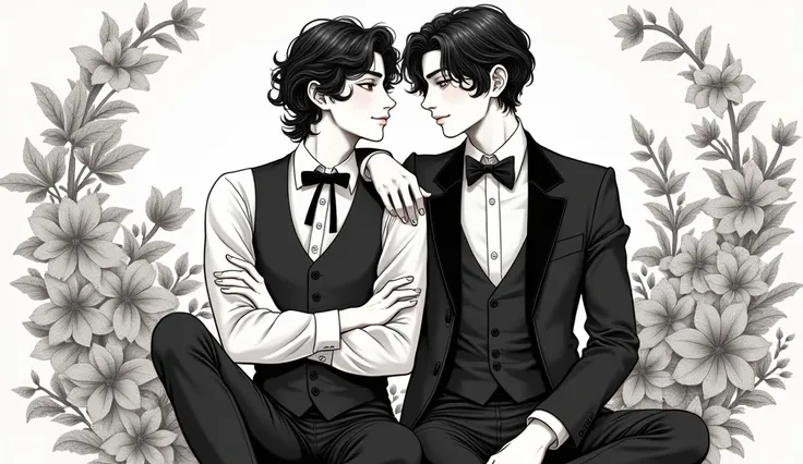  in an elegant and romantic atmosphere 、 and {x} create a vintage girl cartoon-style illustration depicting two young men。 character sits in a relaxed pose 、Facing each other。 the character on the left is 、 with short curly hair 、 classic vest 、 white puff...