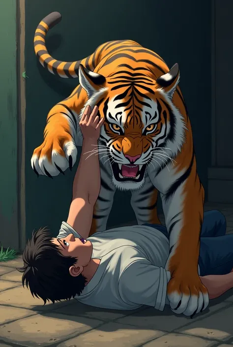 A tiger pounce a man wearing a shirt to the ground and raises one of its paws high up, ready to attack the man, while the man in the shirt underneath it eyes wide with fear. Anime art style, impending doom, dark theme.