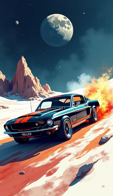 graphic design, flat design, 1968 ford mustang black shelby, drifting on the moon. watercolor splashes, highly detailed clean, photorealistic masterpiece, professional photography, realistic car, Watercolor abstract background, isometric, vibrant color vec...