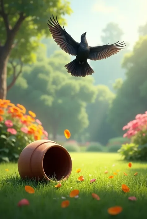 Make a picture in which the pot is lying on the ground in the garden and the crow is flying towards the sky