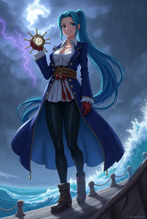 #  Character Setup
Navigator 「 Storms Navigator 」
- gender： female
- Age ：24 years old
- physique ： supple and toned figure
- facial expression ： Confident Smile 、 sharp eyesight
- Pose ： holding a rudder that shines on the right hand 、 holding the compass...