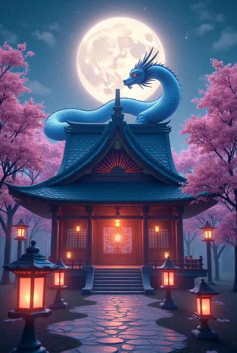 A mystical Japanese temple surrounded by glowing cherry blossoms under a bright, full moon. A majestic, ethereal dragon with shimmering scales winds gracefully around the temple roof, glowing softly in the moonlight. Traditional lanterns light the stone pa...