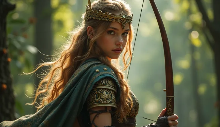 Beautiful girl dressed as a Valkyrie, with a bow in hand, In the forest, close up