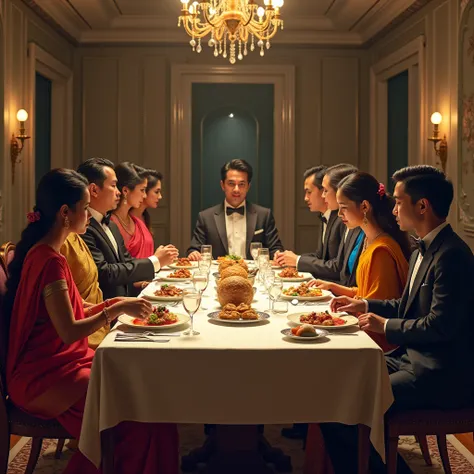 5 men in suits and boots and 5 women in sarees are eating at the dining table in a large room.