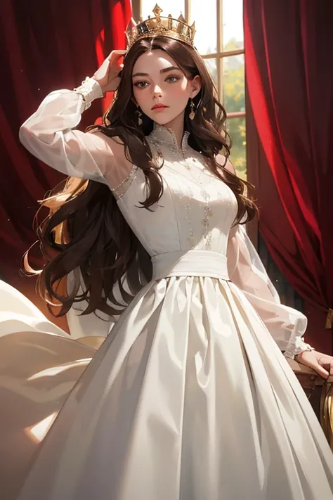 (masterpiece, highest quality), 1 Girl, alone, (Queen:1.15), Brown Hair, Long Hair, curtain, White Dress, Queen&#39;s Dress, Aurora, (sunlight, null, river, forest), Expressionless, Red eyes, (Art Nouveau:1.2), Alphonse Mucha, tiara, (Face focus, Upper Bod...