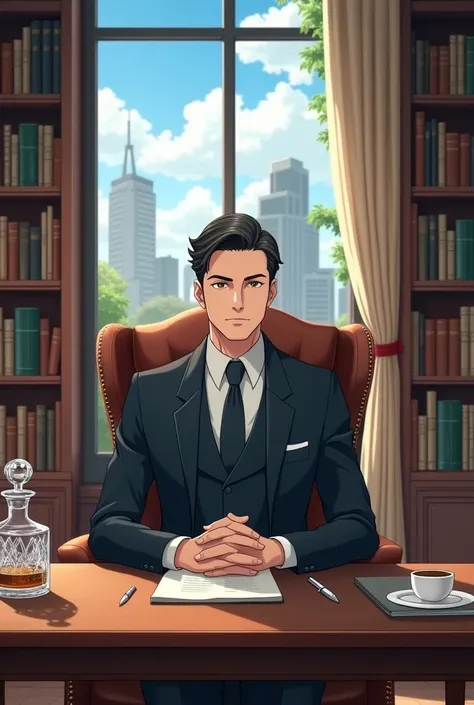 Generate anime image of a gentleman sitting in a office