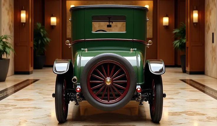 "A Ford Model T viewed from the back side, showcasing a unique and different design. The body of the car should have a dark greenish henna (mehndi) color, with the condition appearing pristine and original. The rims should be maroon, contrasting beautifull...