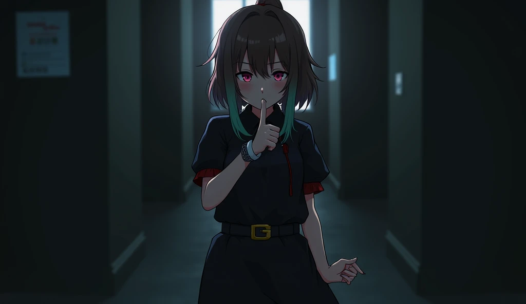  Cool anime girl in a dark room, holding a thumbs up, making a gesture  "shh " With a finger  