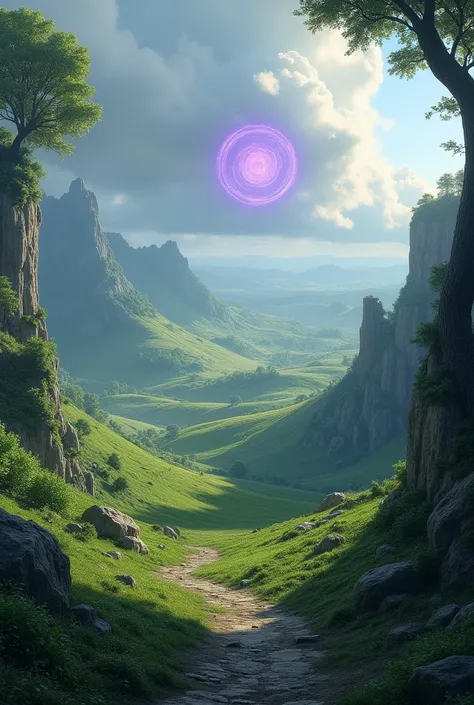 Paysage medieval fantastique avec un petit vortex violet loin dans le décor 