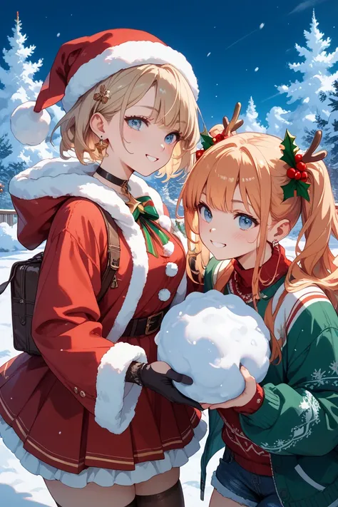 Two girls having a snowball fight、 Christmas