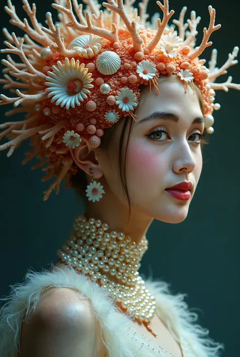 Cover head with pearls, shells and coral