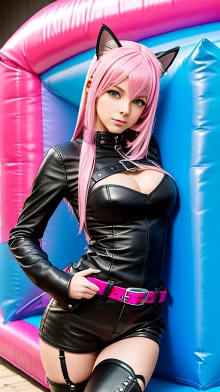  teen with pink hair, Slim model,  leather top , Faltenrock leder,  leather arm warmer blue ,  knee-high leather boots, Cat ears, bouncy castle  
