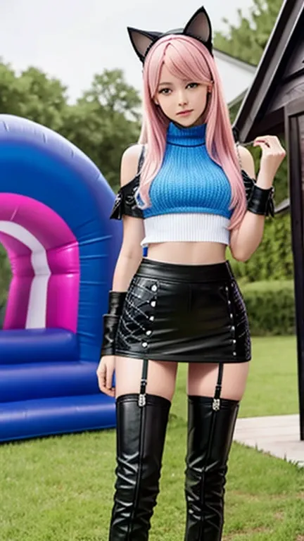  teen with pink hair, Slim model,  leather top , Faltenrock leder,  leather arm warmer blue ,  knee-high leather boots, Cat ears, bouncy castle  
