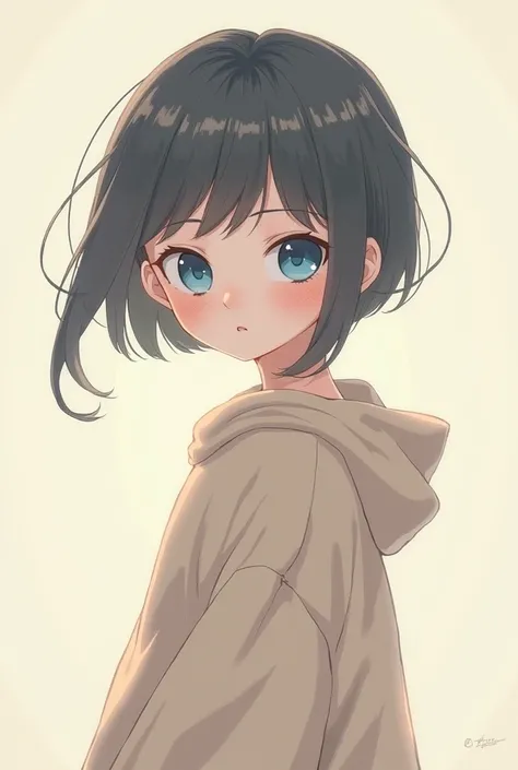 A thin and small girl with blue eyes and a white month wears a sweater of any shape and is an anime