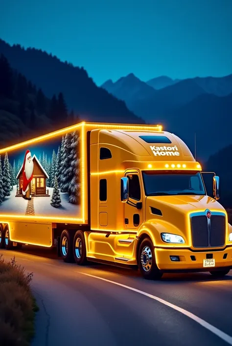 Image features a brightly lit, yellow truck, styled as a classic semi-trailer with a festive theme. The truck is adorned with white LED lights outlining its shape, creating a striking contrast against the deep blue evening sky. The trailer prominently disp...