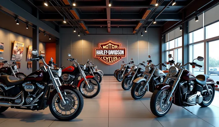 New Harley Davidson bikes in showroom and add the logo on wall 