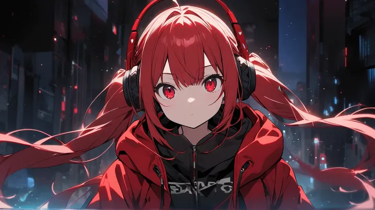 Girl red eyes red Drill Twin hair hoodie Headphones night