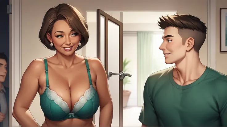 score_9, score_8_up, score_7_up, source_anime, 1man, 1girl, ((mature indian female is smiling)), brown skin, mature mother open door at the doorstep was a adult son buzz haircut, standing side by side on at the door, looking at each other, ((cleavage)), (g...