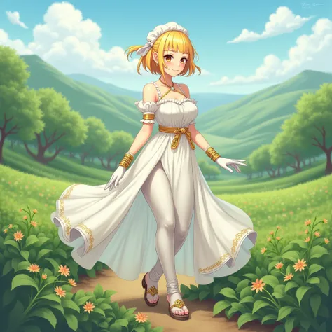 Art style: Farming life in another world anime
Gender:female
Hair style: short blonde hair
Eyes: golden
Clothes: She wears a white long dress, gold belt with middle hip straight, a white two gloves with two gold bledges, long white leggings with gold bledg...