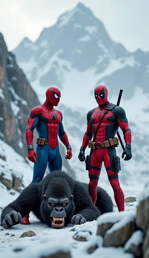 a highly realistic image of spiderman and Deadpool standing over a ferocious looking gorilla laying helpless in ground through a snowy mountain landscape 