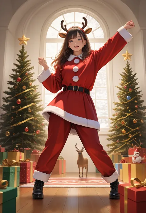 Masterpiece, (highest quality, high resolution,  4K, 8k),(realistic, photorealistic: 1.5),  dancing Santa Claus and his happy friends, pop dance, s,Fir Tree , Star,Swirls of color and light , Christmas Tree,gift, reindeer,デフォルメ, little character, cute Illu...