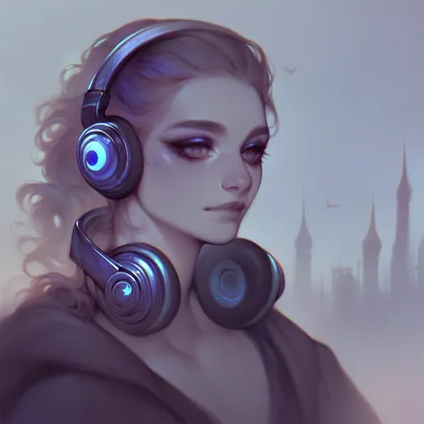 Ethereal woman with headphones on a cloud above a cityscape at night, eerie creepy atmosphere, mystic enchanting environment, gentle color contrasts, dreamlike atmosphere, dark tones, unsettling details, line art.