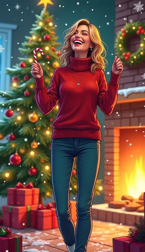 "A comic book style illustration of an adult American woman, radiating joy and celebrating Christmas. She is dressed in a stylish, festive outfit, such as a cozy red sweater and jeans, with a cheerful and approachable look. She is depicted in dynamic poses...