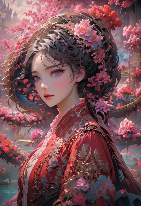  cute anime girl ， beautiful face ，White hair，Twin ponytails，Hair accessories，Rococo style red costume， in the center of the screen is surrounded by a floating element，It creates an ethereal atmosphere, The background is a magical environment. Pink flowers...