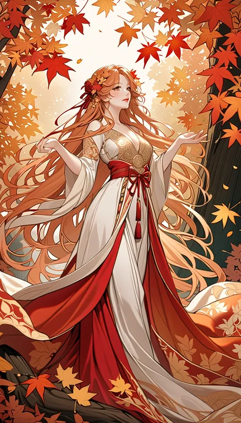 （masterpiece、high quality、High image quality、４k、８k、detailed）、Alphonse Mucha style beautiful woman（Light orange long hair、Messy Hair、Beautiful Eyes、Red lips、Beautiful profile、Perfect female body type）、whole body、Stand sideways、Path of fallen leaves、Red and ...