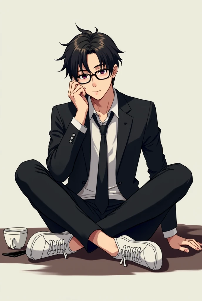 Anime boy wearing glasses sitting cross-legged looking straight, mobile, coffee mug, black dress, white shoes, shooting cool black hair