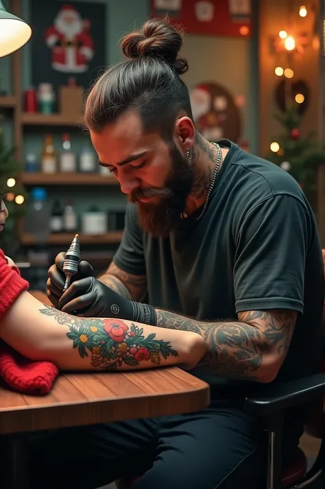 Make me a themed image of a tattoo artist in his studio doing tattoos with the text Merry Christmas