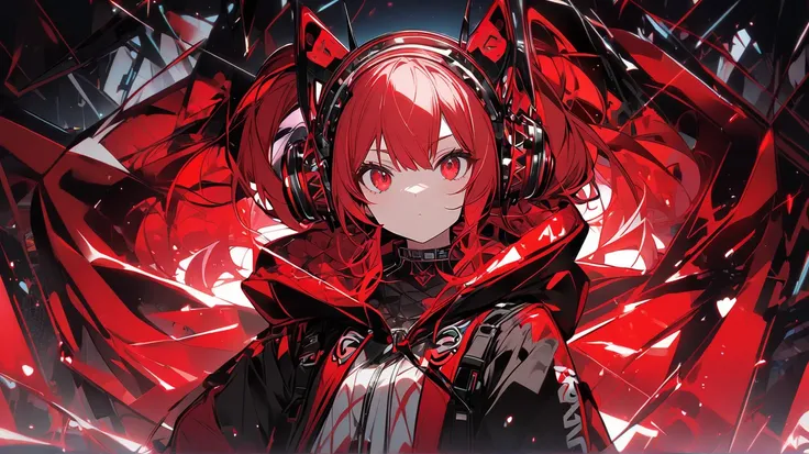 Girl red eyes red Drill Twin hair hoodie Headphones night Bright