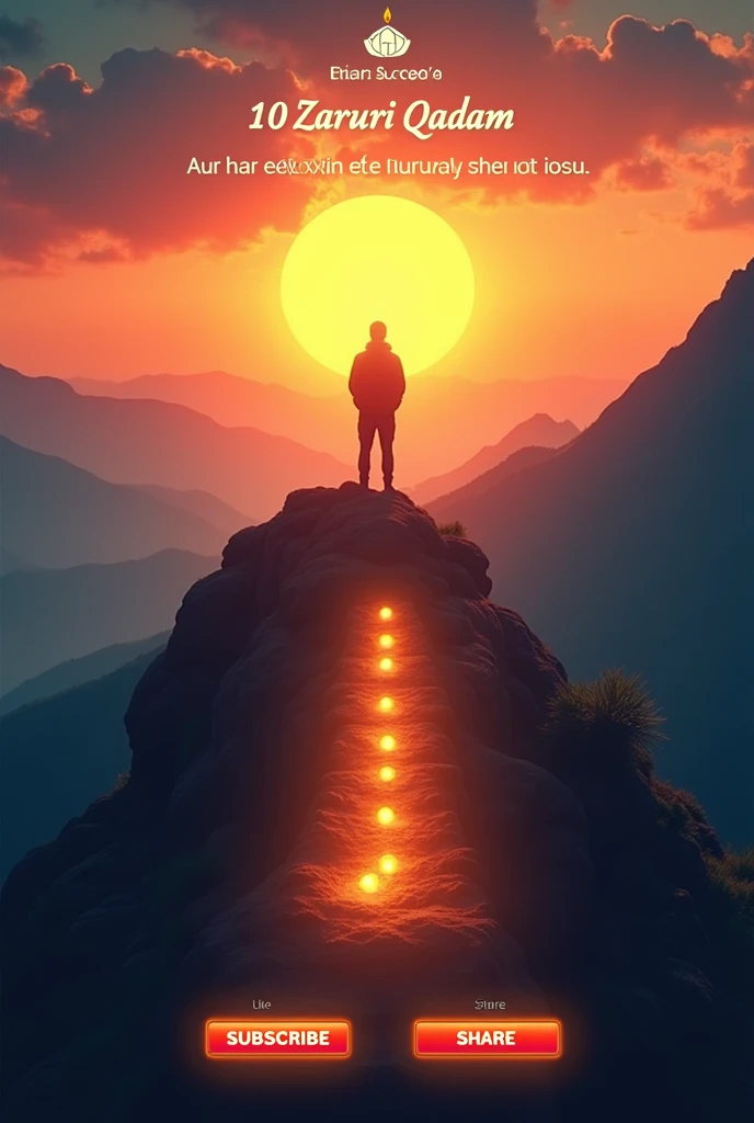 vibrant and motivational scene depicting a person standing at the peak of a mountain, overlooking a sunrise-lit valley, symbolizing the journey to success. In the foreground, a glowing list of 10 Zaruri Qadam is displayed. The tagline, Zindagi ek safar hai...