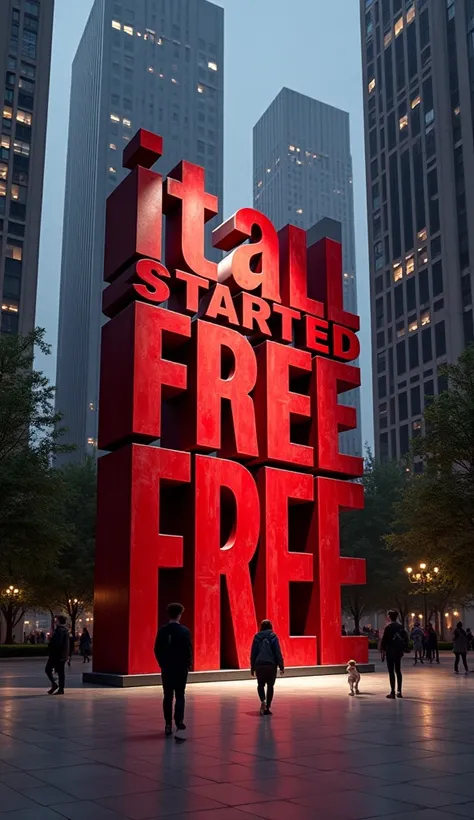 A dramatic typographic sculpture in a park surrounded by towering high-rise buildings at midnight. The sculpture spells out "It all started in 1948. Free Palestine" in bold, stylized lettering, blending maroon and bloody red hues. A single spotlight casts ...