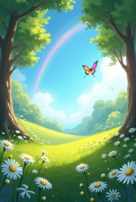  a natural landscape ,  Daisy flowers on a green hill, trees , delicate grass ,  butterfly , rainbow ,  blue sky background 