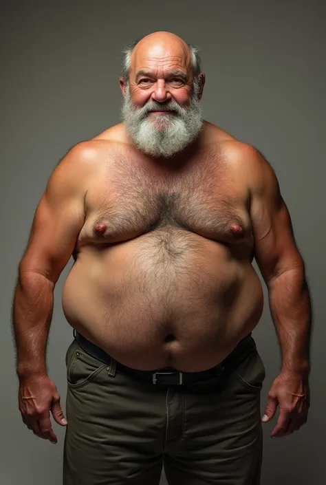 65-year-old mature man with a thick shirtless belly and hairy chest