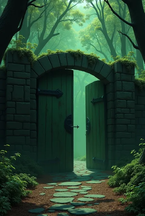 R 1 :  Green Palace Door
Prompt : " A large, mysterious steel gate covered with bulls and moss, leading to an abandoned castle hidden in an ancient forest. The surrounding trees are black and dense, casting long shadows. The gate opens by creak, and reveal...